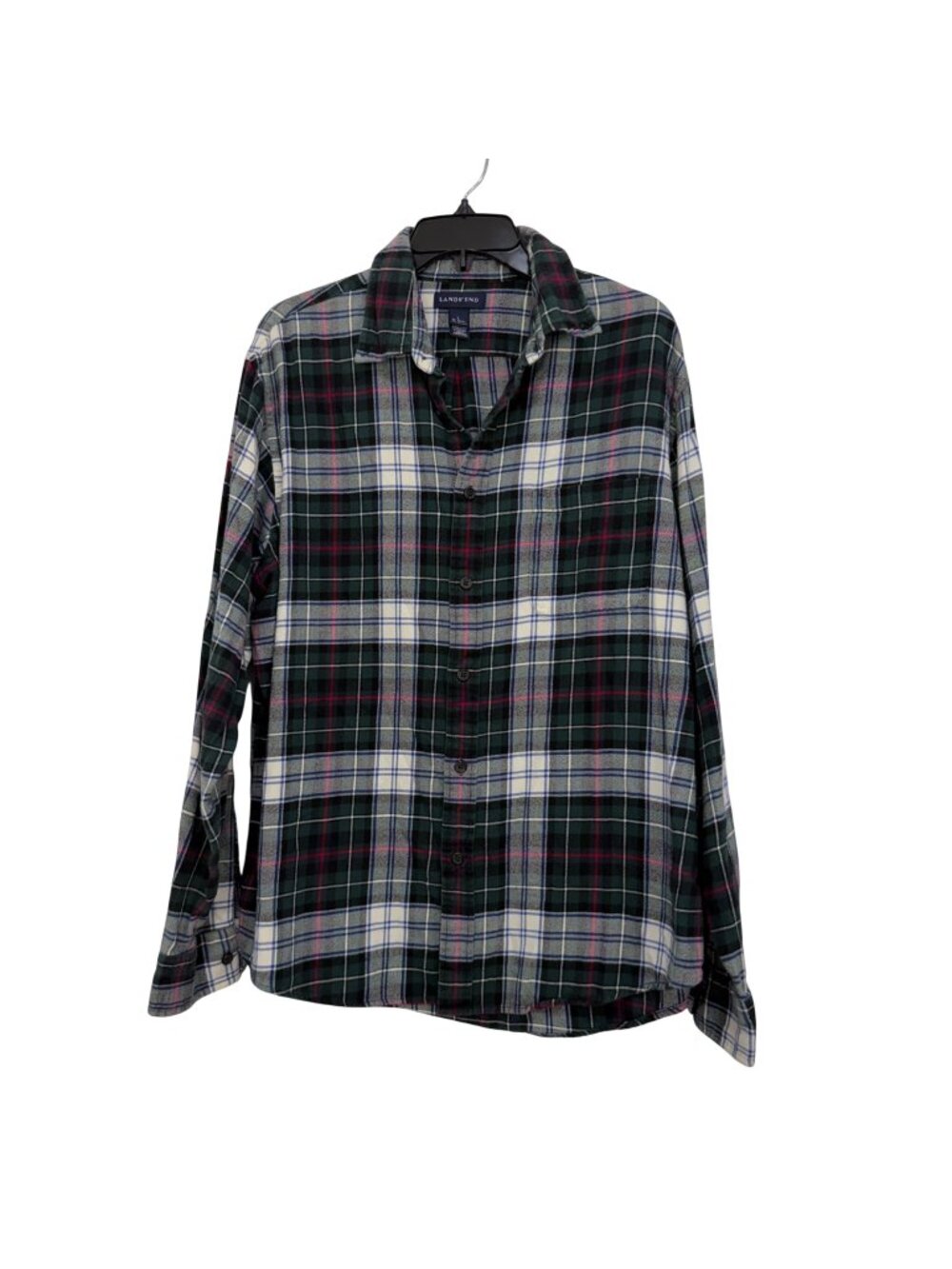 Lands End Mens Plaid Button-Down Flannel Shirt Long Sleeve Green/White SZ Large